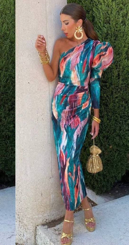 ALWINA I EIN-SCHULTER-MIDIKLEID